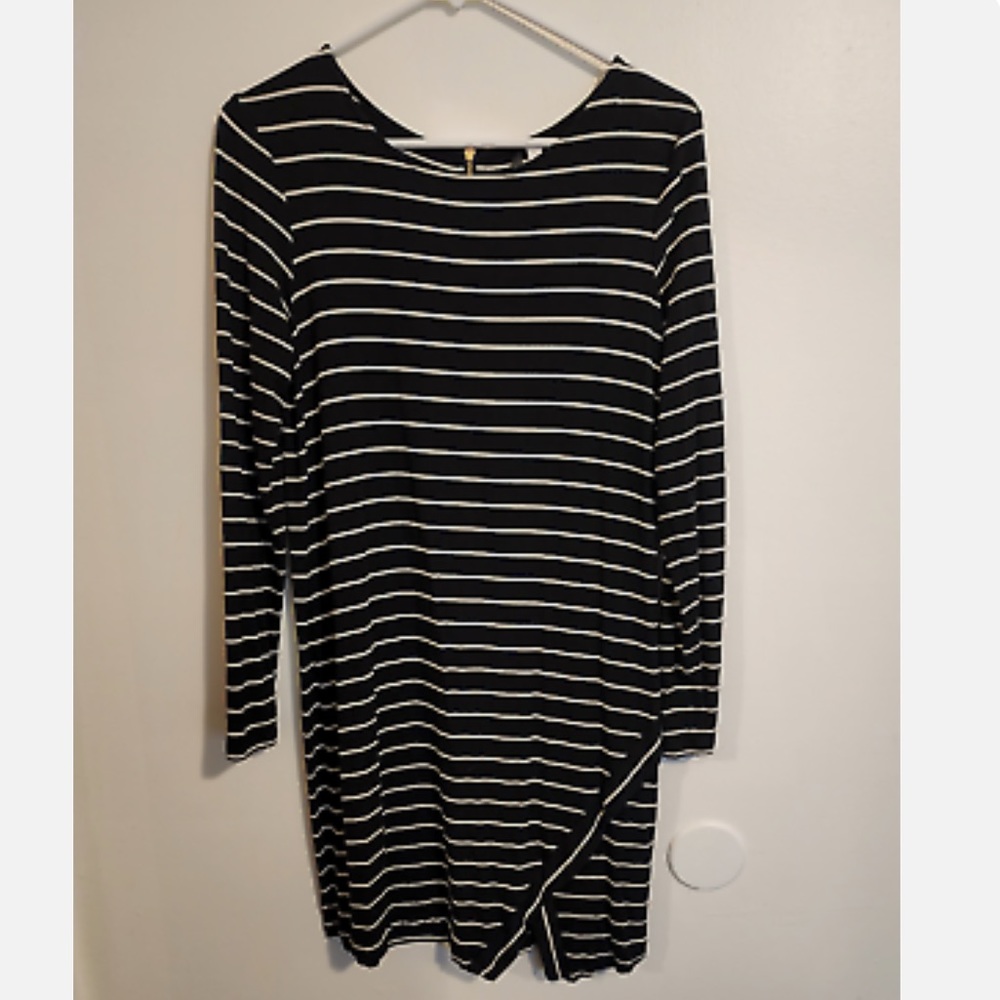 Black and white striped dress with gold zipper